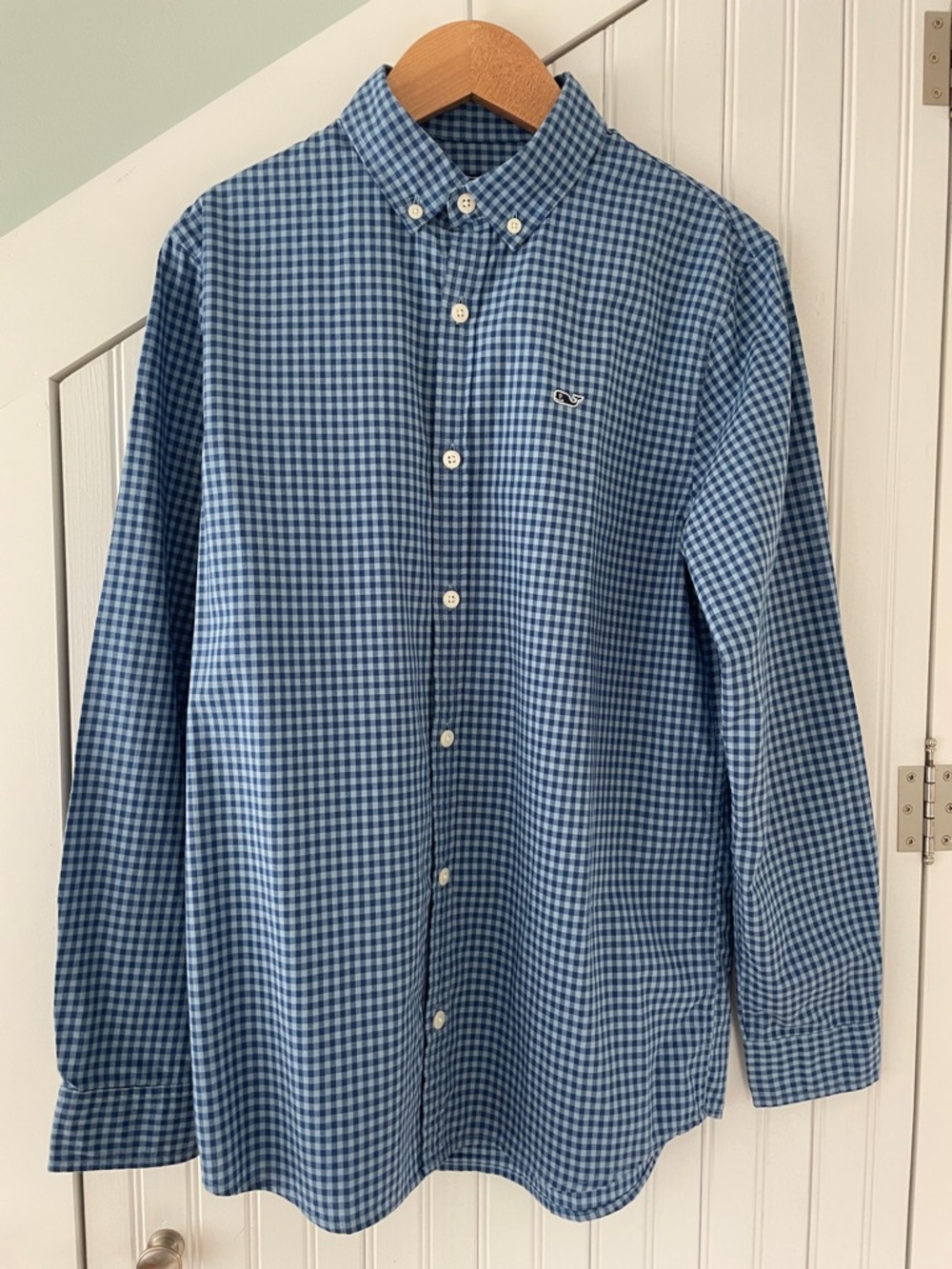 Vineyard Vines Cotton Gingham Whale Shirt Boys Size L (16)